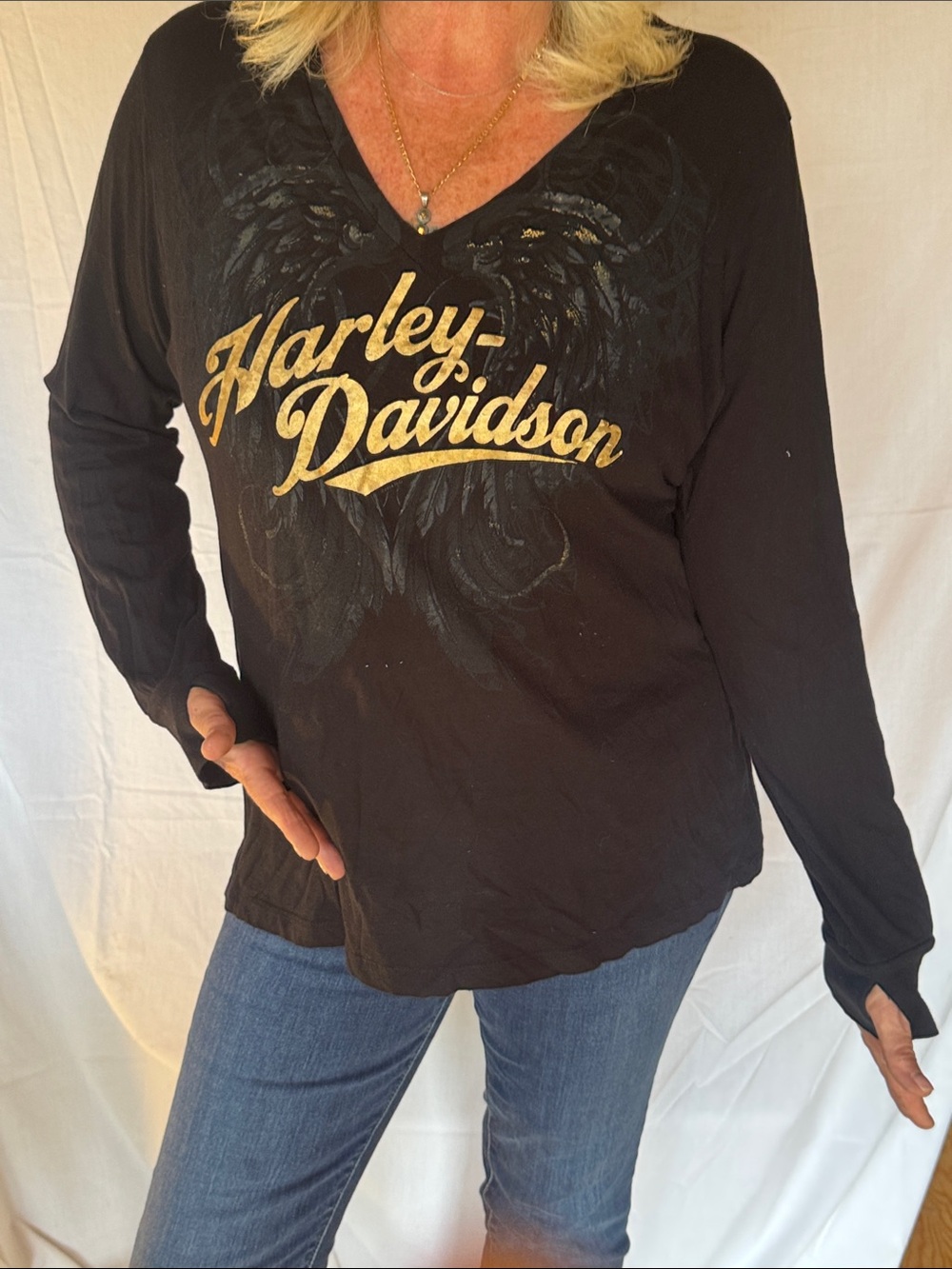 Harley-Davidson Black Long Sleeve V-Neck Tee with Gold Script